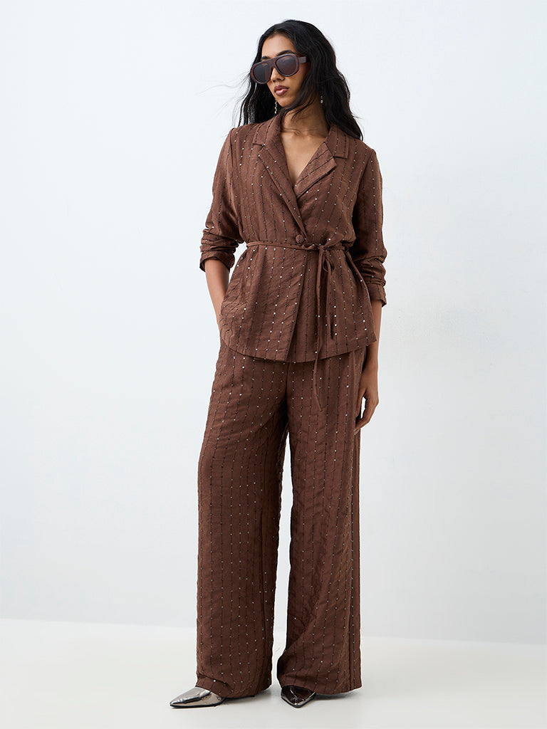 Wardrobe Dark Brown Sequin Embellished High-Rise Pants