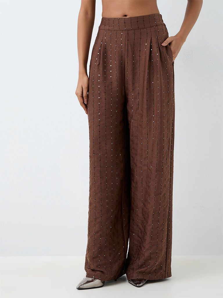 Wardrobe Dark Brown Sequin Embellished High-Rise Pants