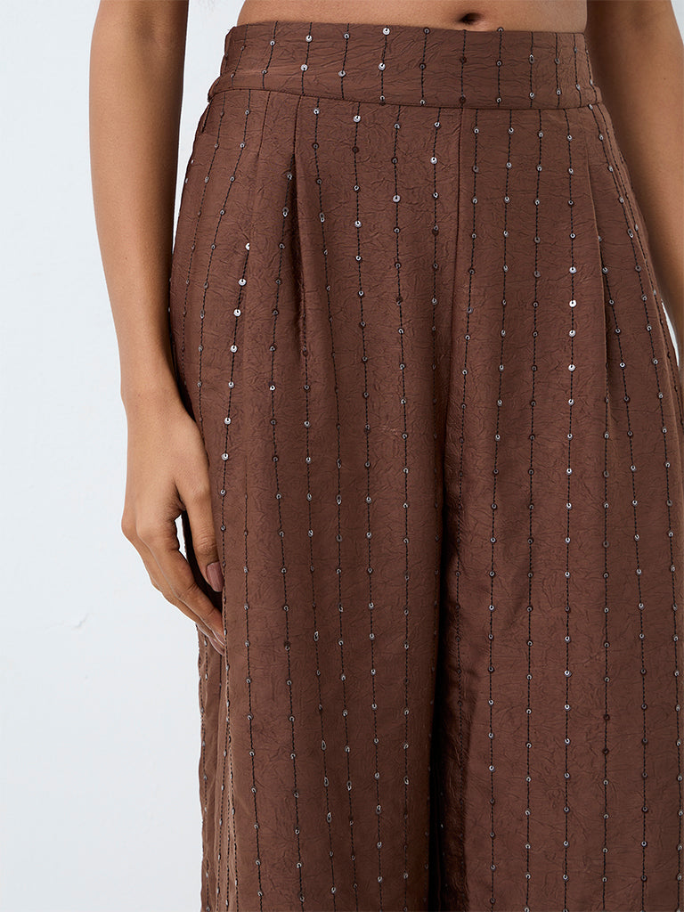 Wardrobe Dark Brown Sequin Embellished High-Rise Pants