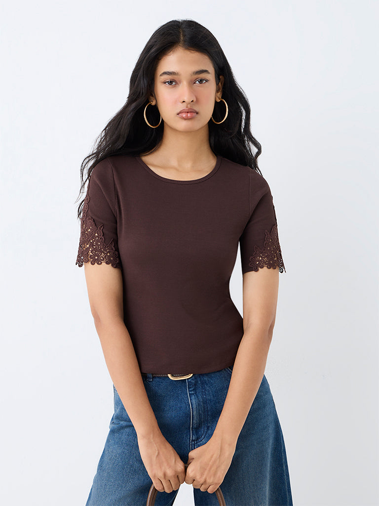 LOV Dark Brown Floral Lace Ribbed Cotton-Blend Top
