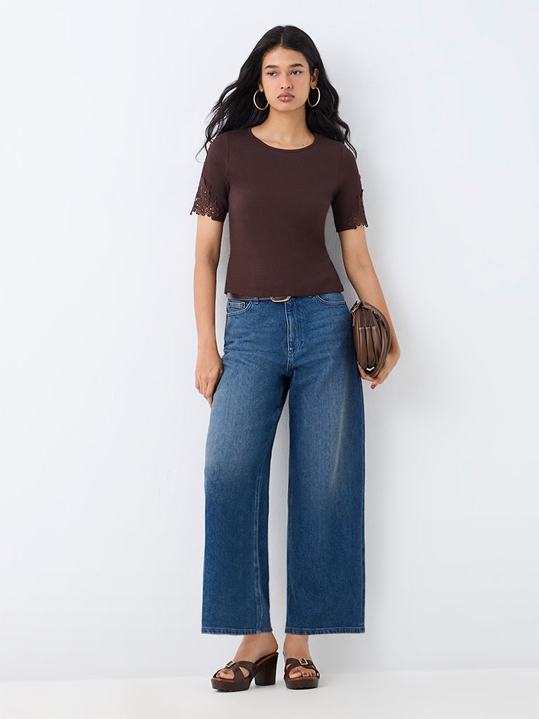LOV Dark Brown Floral Lace Ribbed Cotton-Blend Top
