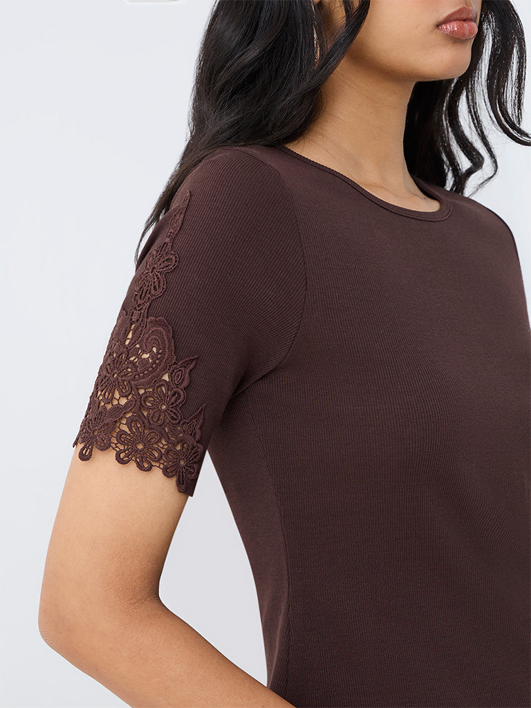 LOV Dark Brown Floral Lace Ribbed Cotton-Blend Top