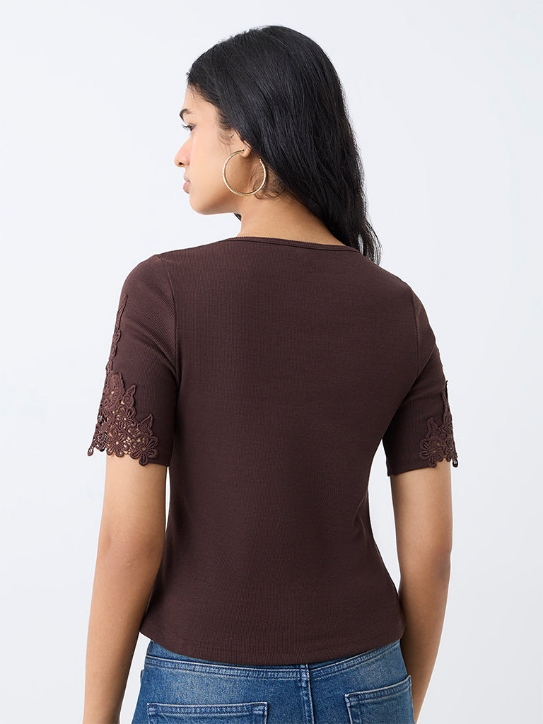 LOV Dark Brown Floral Lace Ribbed Cotton-Blend Top