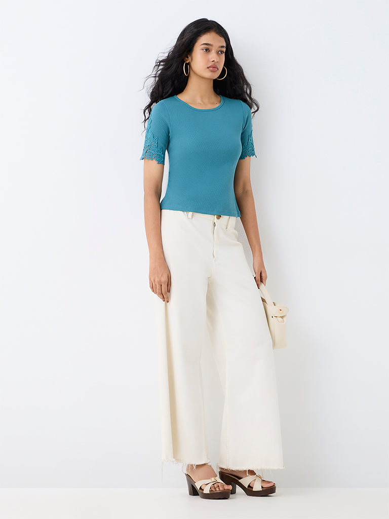 LOV Teal Lace-Detailed Cotton Top