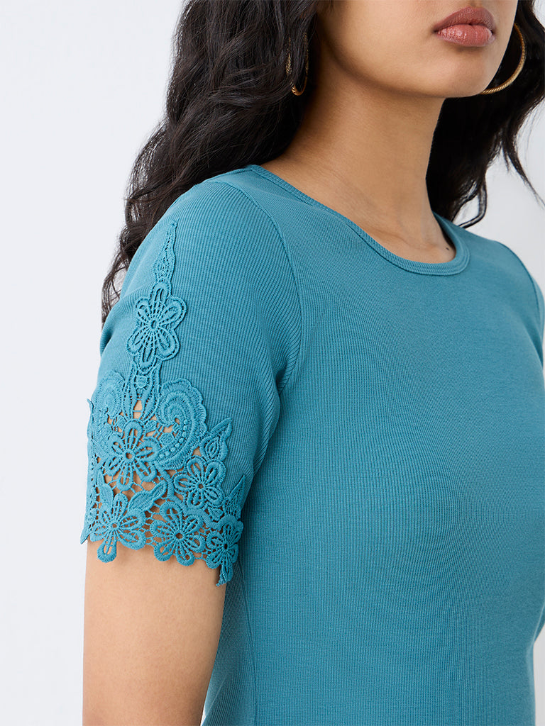 LOV Teal Lace-Detailed Cotton Top