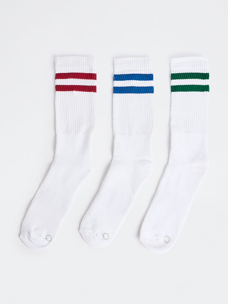 WES Lounge White Striped Cotton-Blend Socks - Pack of 3