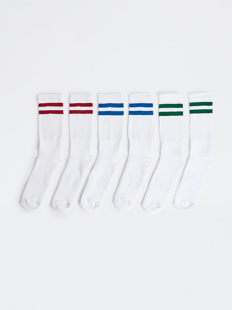 WES Lounge White Striped Cotton-Blend Socks - Pack of 3