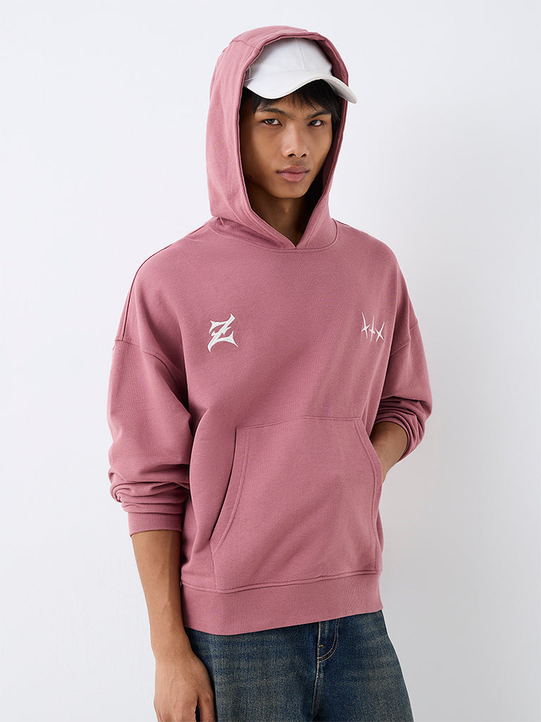 Nuon Dusty Pink Text Design Oversized-Fit Cotton Hooded Sweatshirt