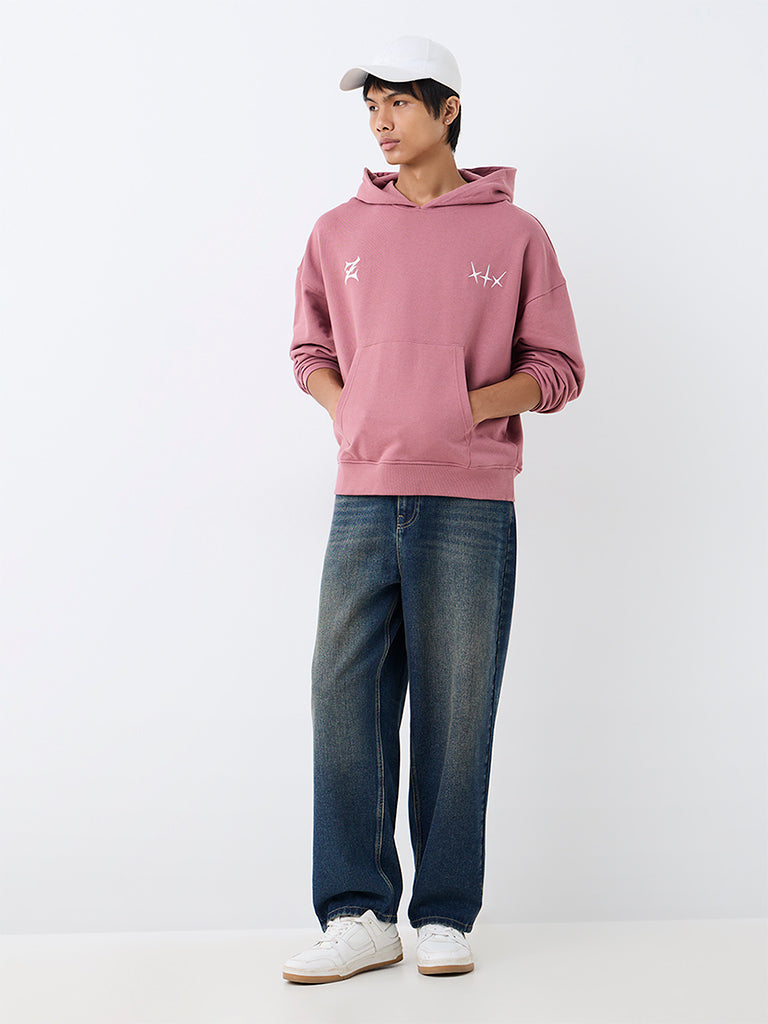Nuon Dusty Pink Text Design Oversized-Fit Cotton Hooded Sweatshirt