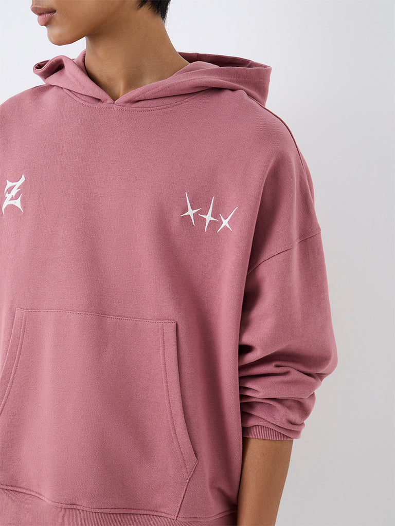 Nuon Dusty Pink Text Design Oversized-Fit Cotton Hooded Sweatshirt