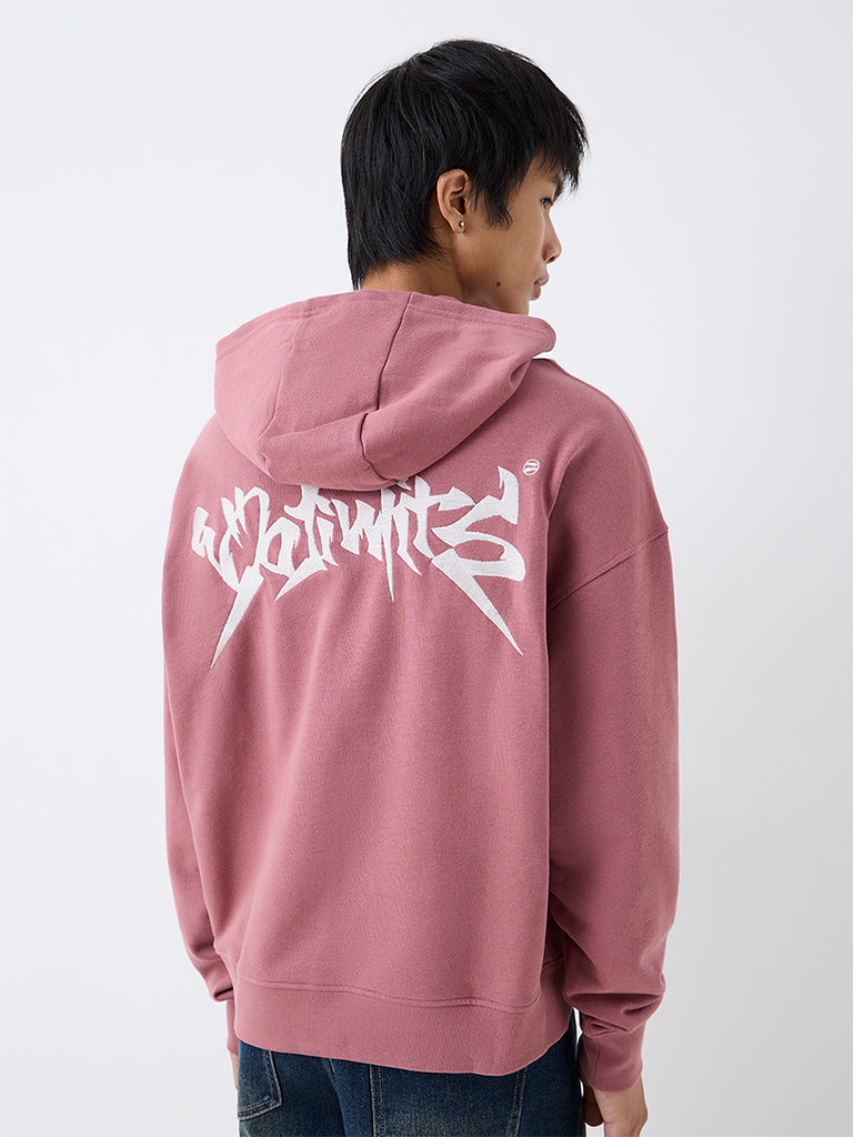 Nuon Dusty Pink Text Design Oversized-Fit Cotton Hooded Sweatshirt