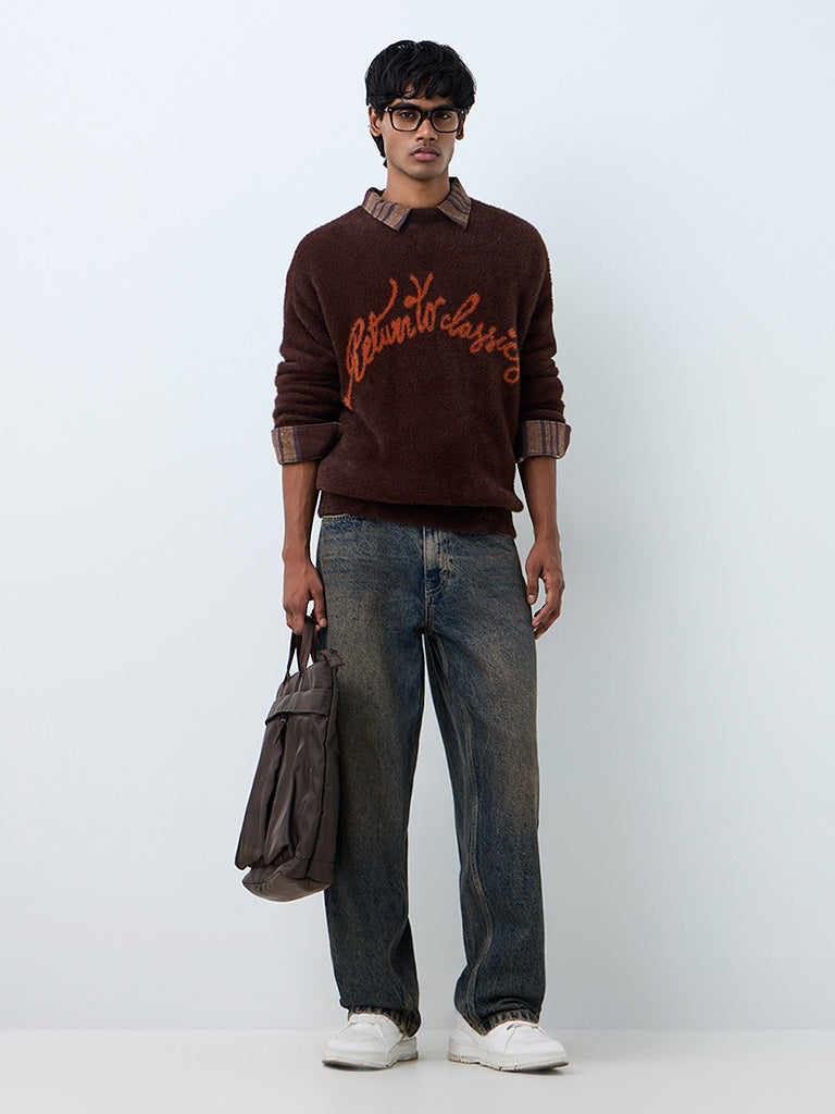 Nuon Dark Brown Text Printed Fuzzy-Textured Relaxed-Fit Cotton Sweater