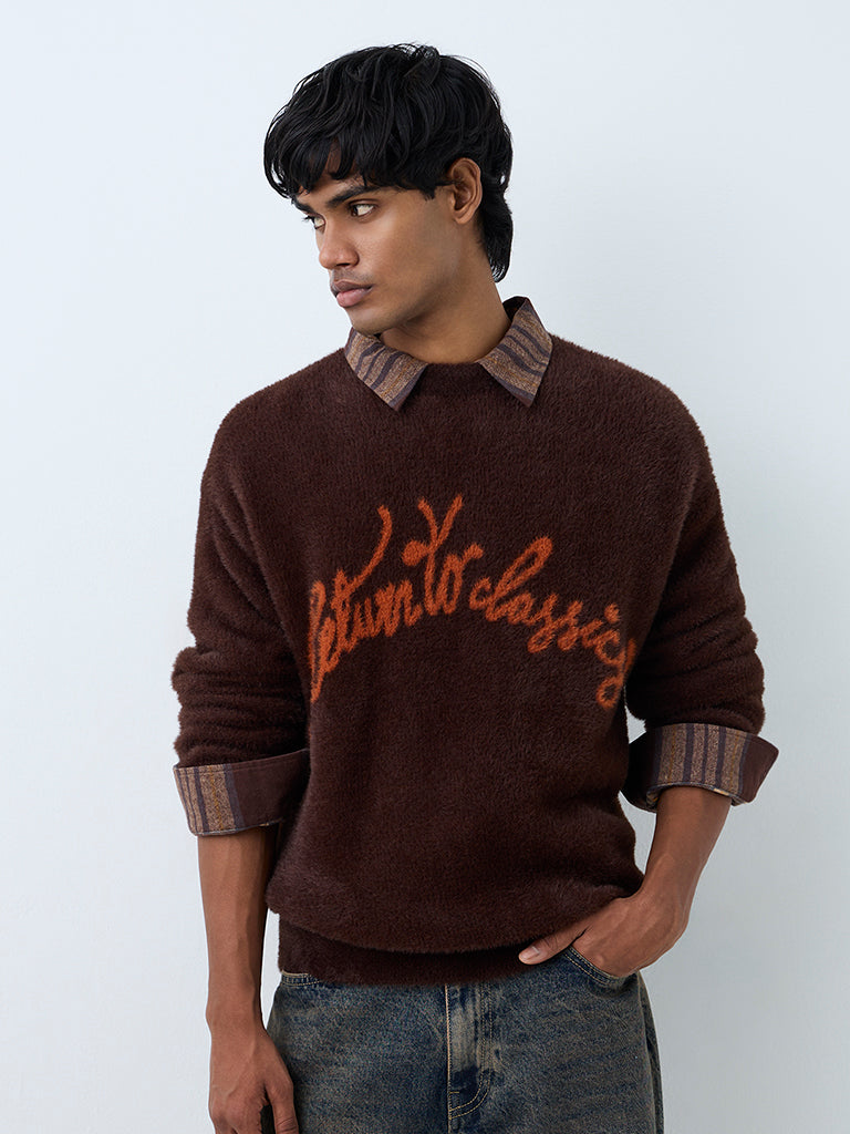 Nuon Dark Brown Text Printed Fuzzy-Textured Relaxed-Fit Cotton Sweater