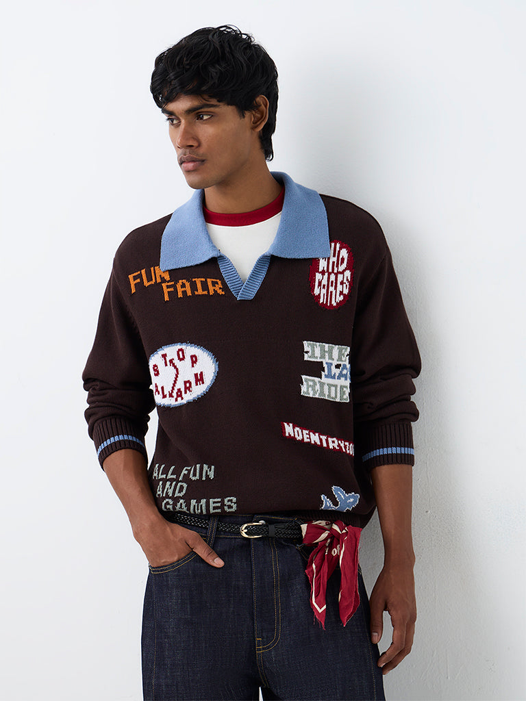 Nuon Dark Brown Graphic Printed Oversized-Fit Polo Sweater