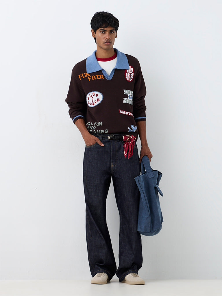 Nuon Dark Brown Graphic Printed Oversized-Fit Polo Sweater