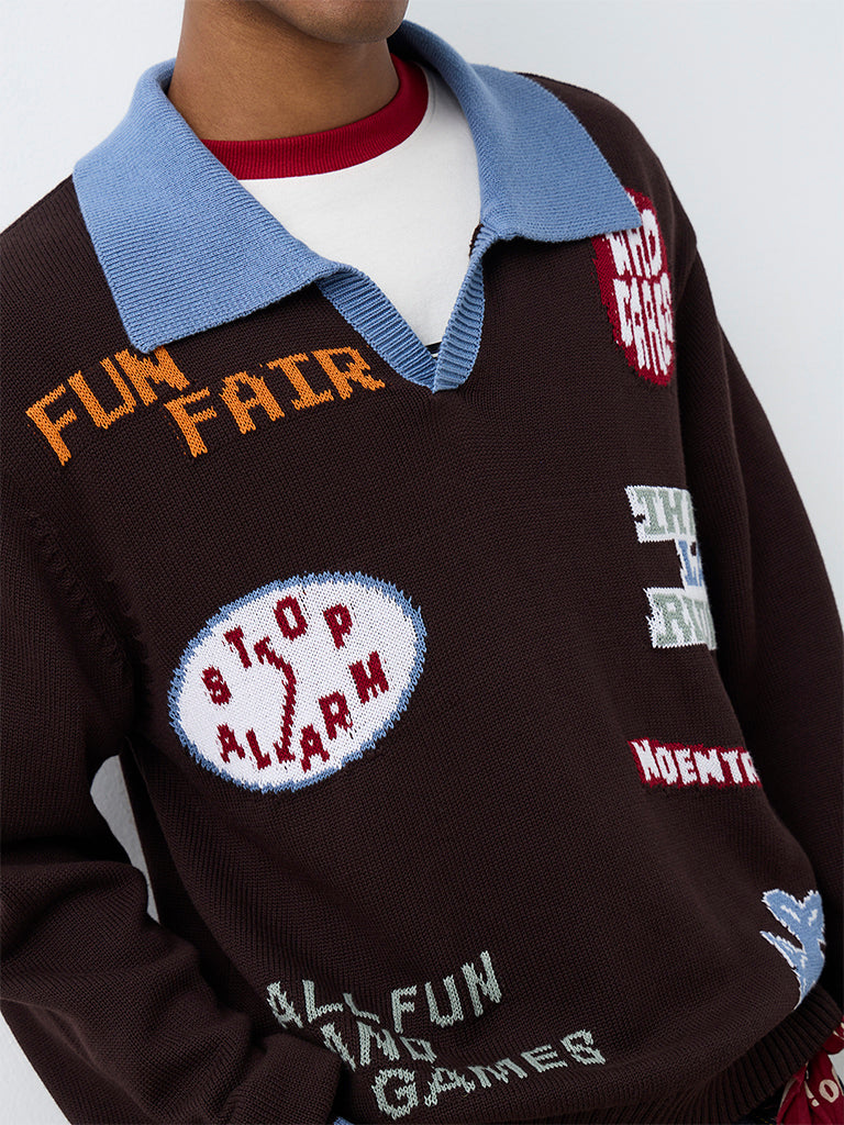 Nuon Dark Brown Graphic Printed Oversized-Fit Polo Sweater