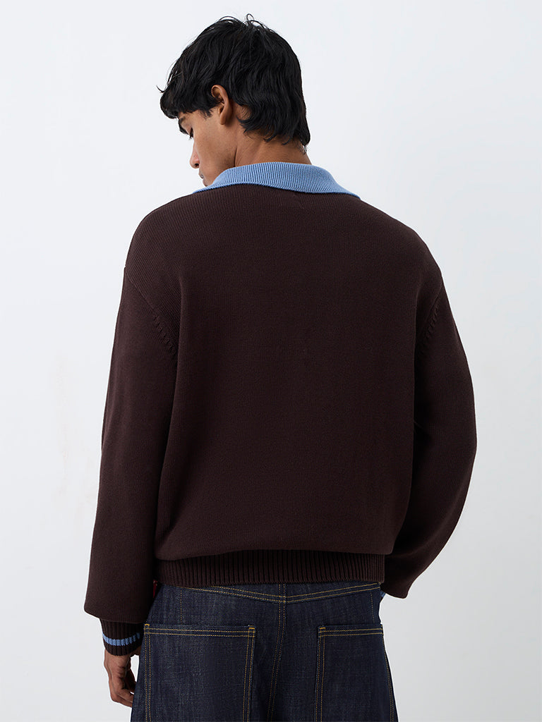Nuon Dark Brown Graphic Printed Oversized-Fit Polo Sweater