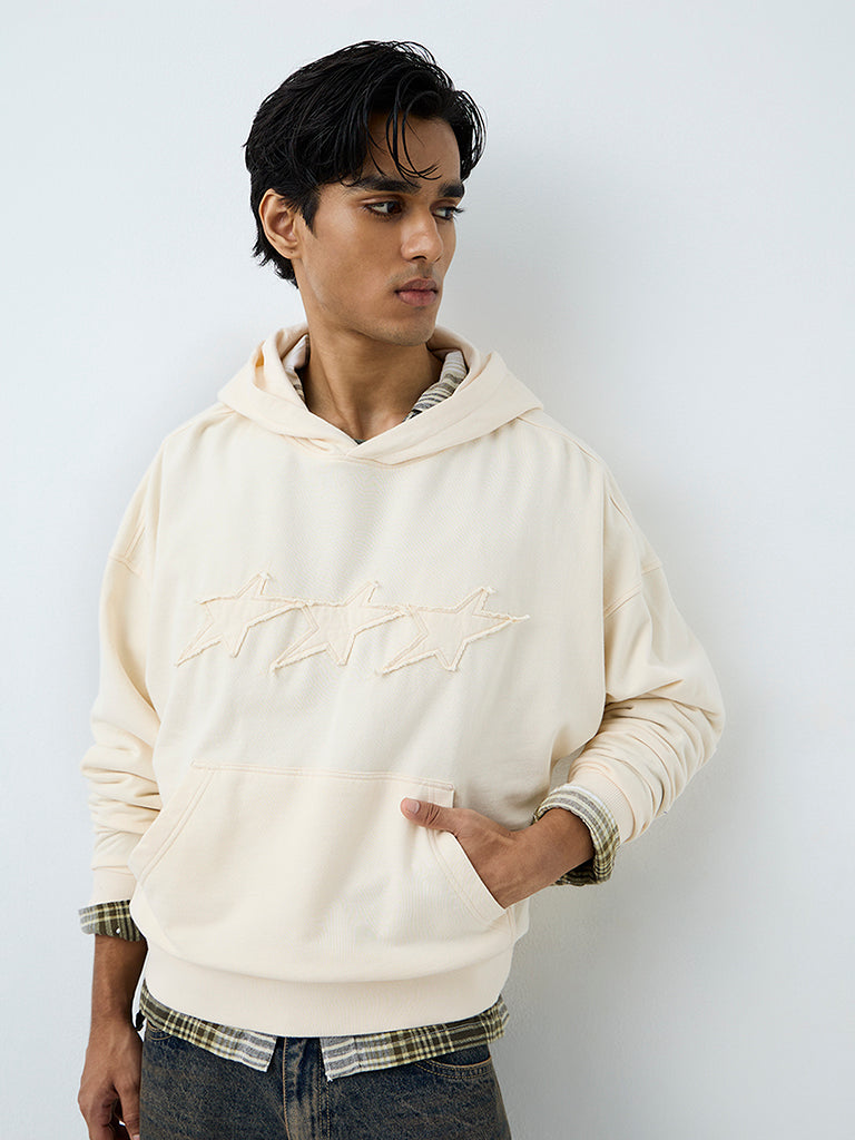 Nuon Cream Star Embroidered Oversized Cotton Hoodie