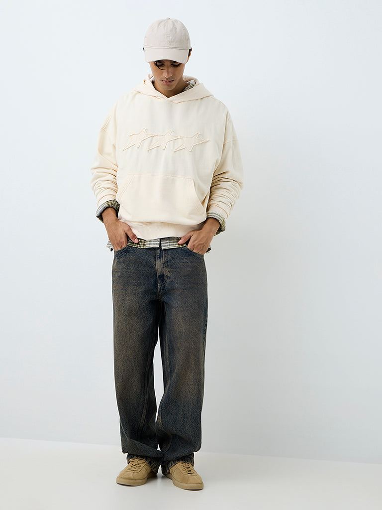Nuon Cream Star Embroidered Oversized Cotton Hoodie