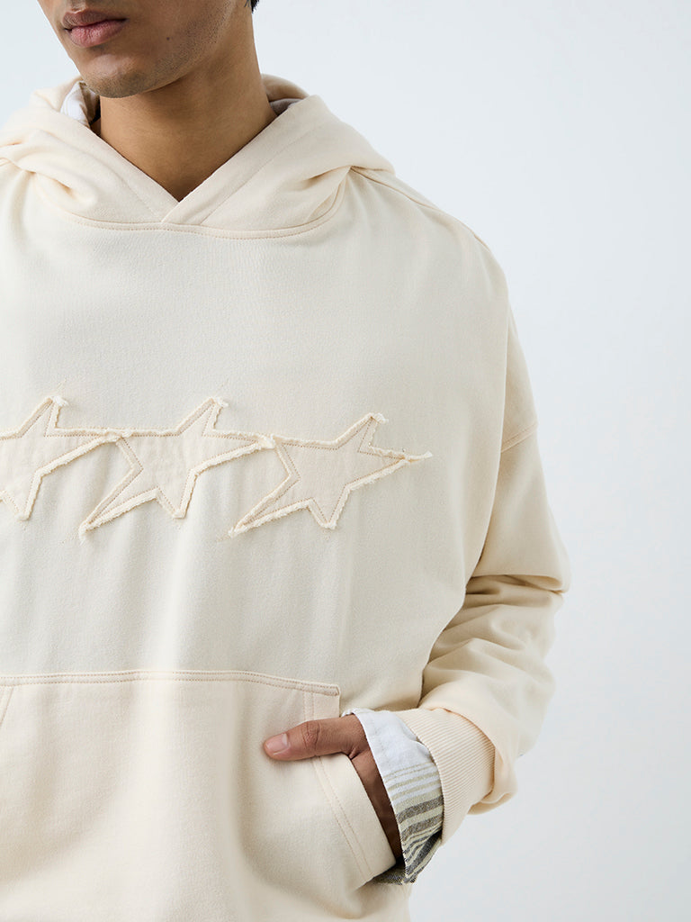 Nuon Cream Star Embroidered Oversized Cotton Hoodie