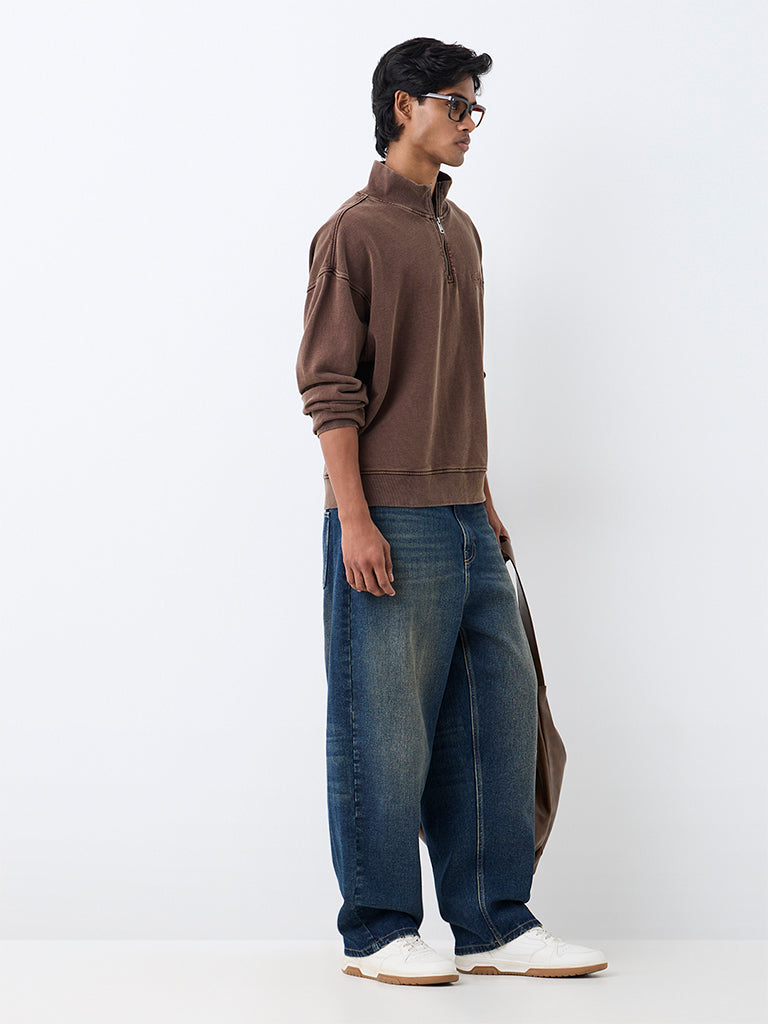 Nuon Dark Brown Quarter-Zip Oversized Cotton Sweatshirt