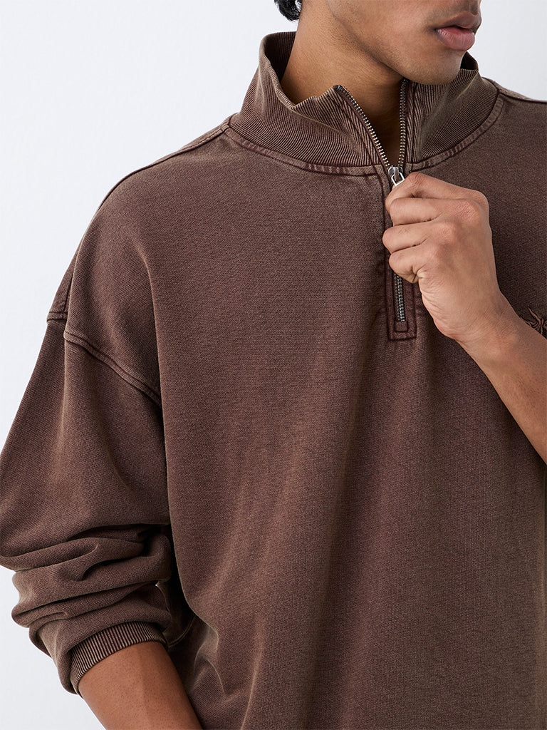 Nuon Dark Brown Quarter-Zip Oversized Cotton Sweatshirt