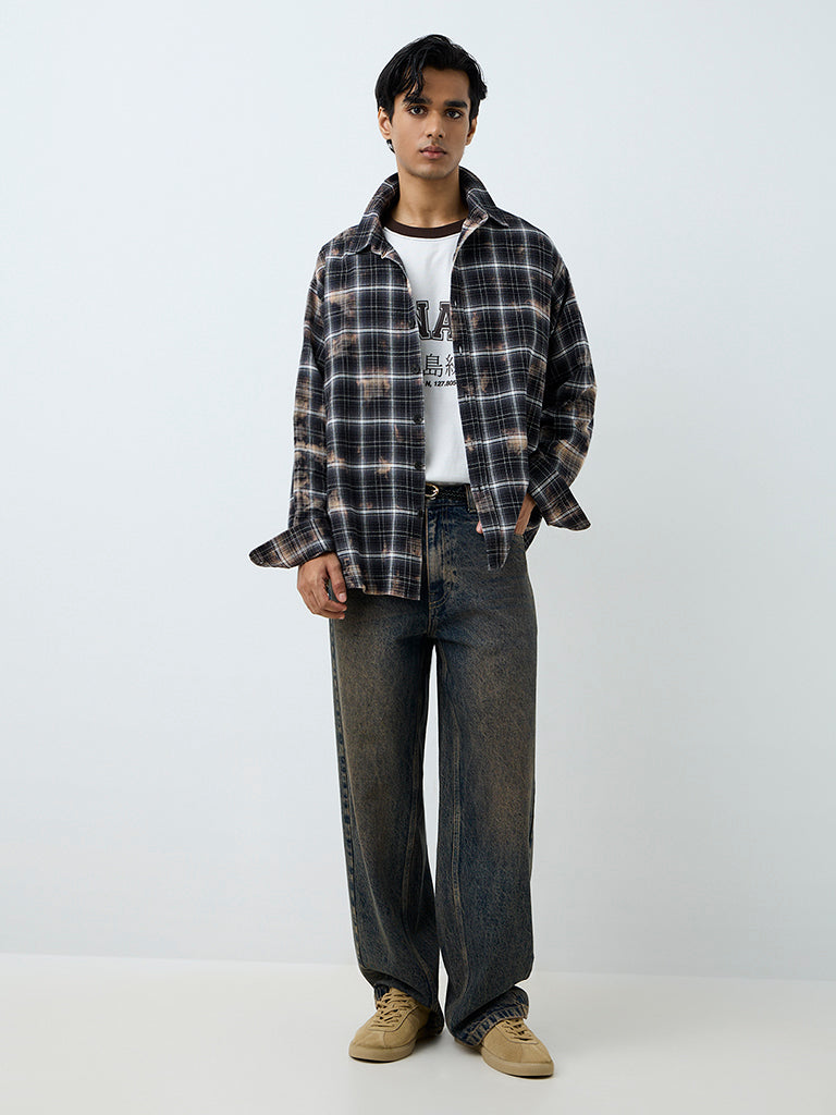Nuon Dark Grey Checkered Relaxed-Fit Cotton Shirt