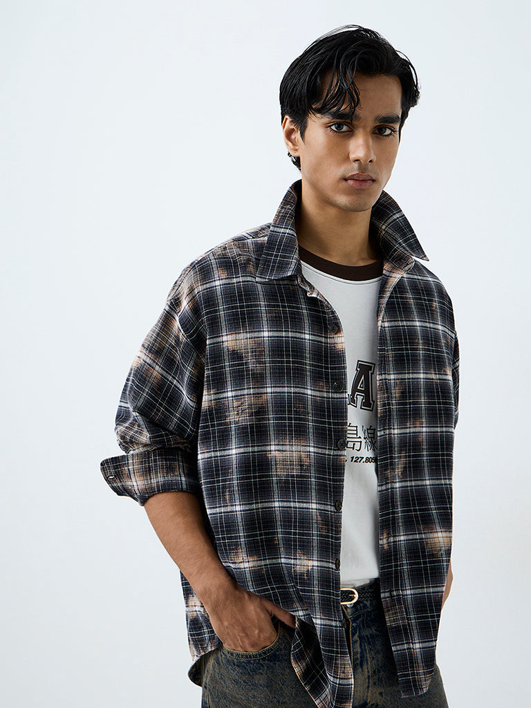 Nuon Dark Grey Checkered Relaxed-Fit Cotton Shirt