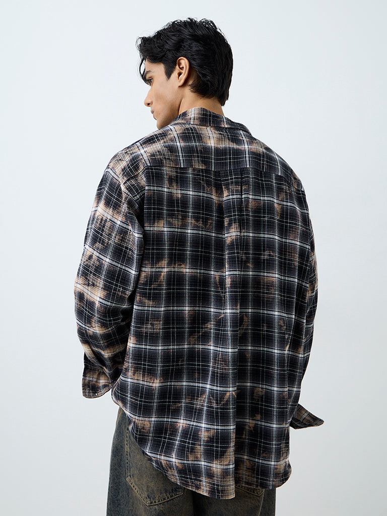 Nuon Dark Grey Checkered Relaxed-Fit Cotton Shirt