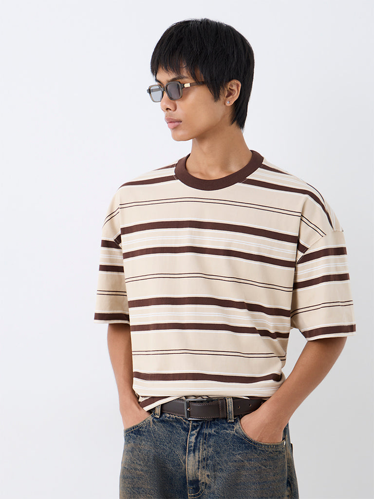 Nuon Brown Striped Oversized-Fit Cotton T-Shirt
