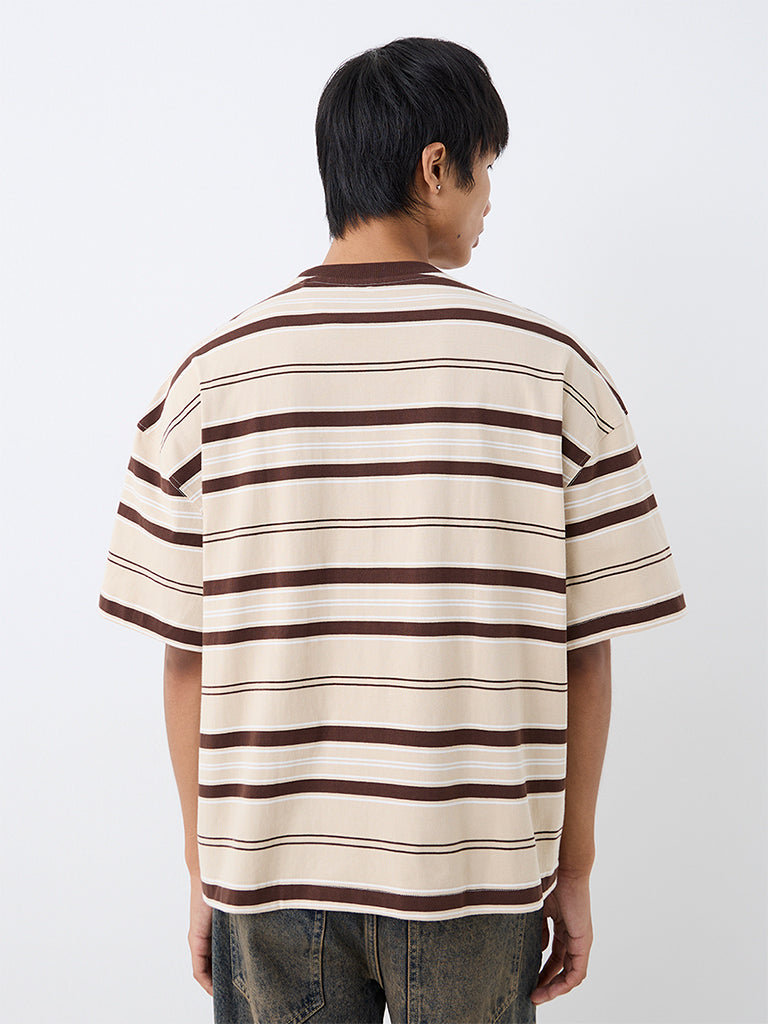 Nuon Brown Striped Oversized-Fit Cotton T-Shirt
