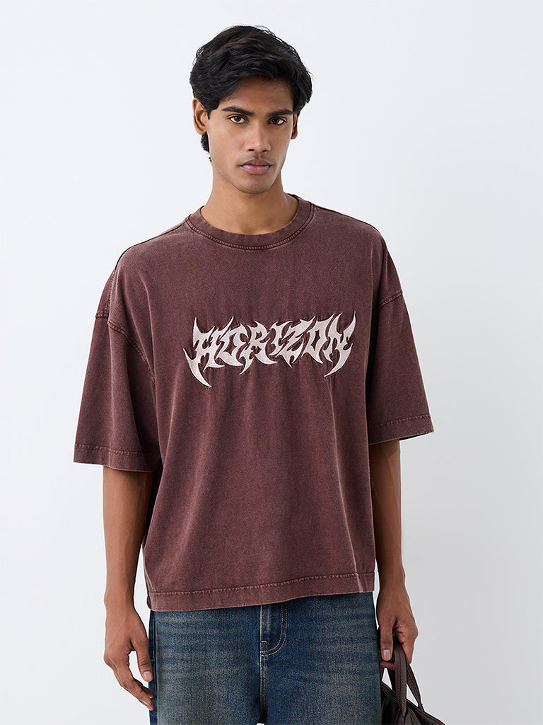 Nuon Dark Brown Text Design Oversized-Fit Cotton T-Shirt