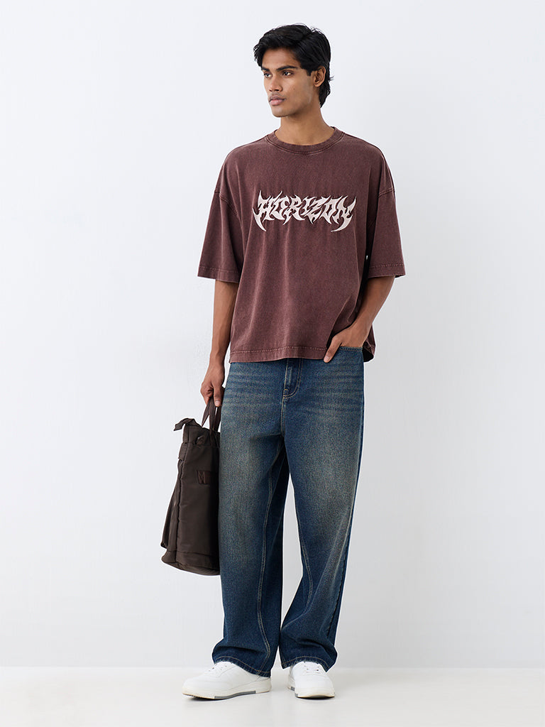 Nuon Dark Brown Text Design Oversized-Fit Cotton T-Shirt