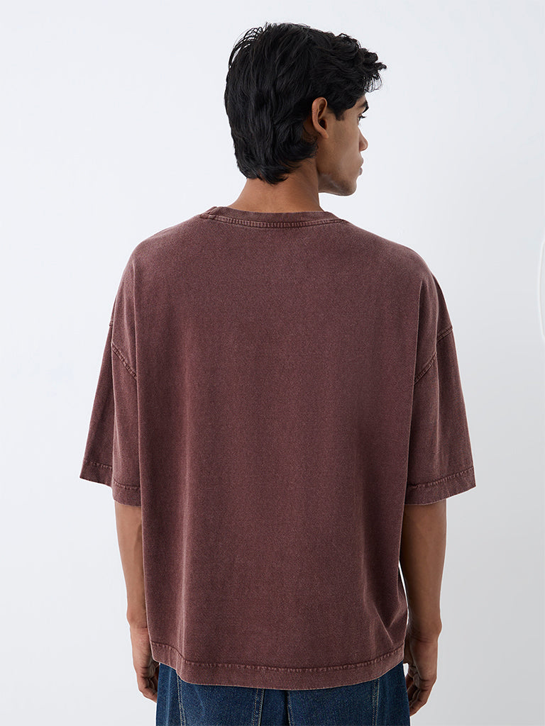 Nuon Dark Brown Text Design Oversized-Fit Cotton T-Shirt