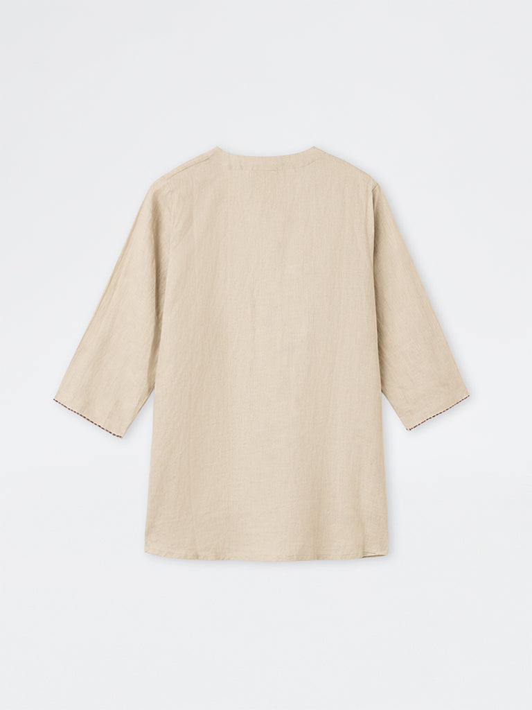Diza Beige Tassel-Detail Linen Tunic