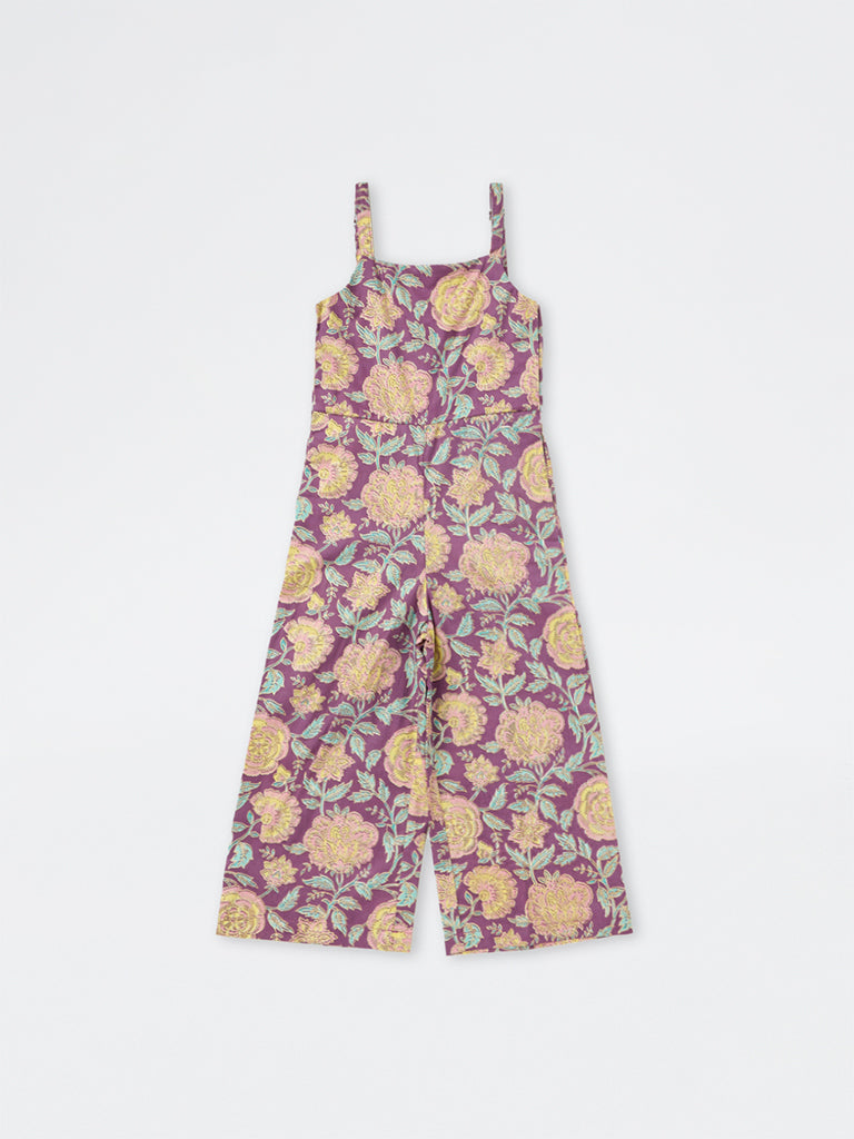 Utsa Kids Girls Purple Floral Printed Cotton Jumpsuit - (2-8 yrs)