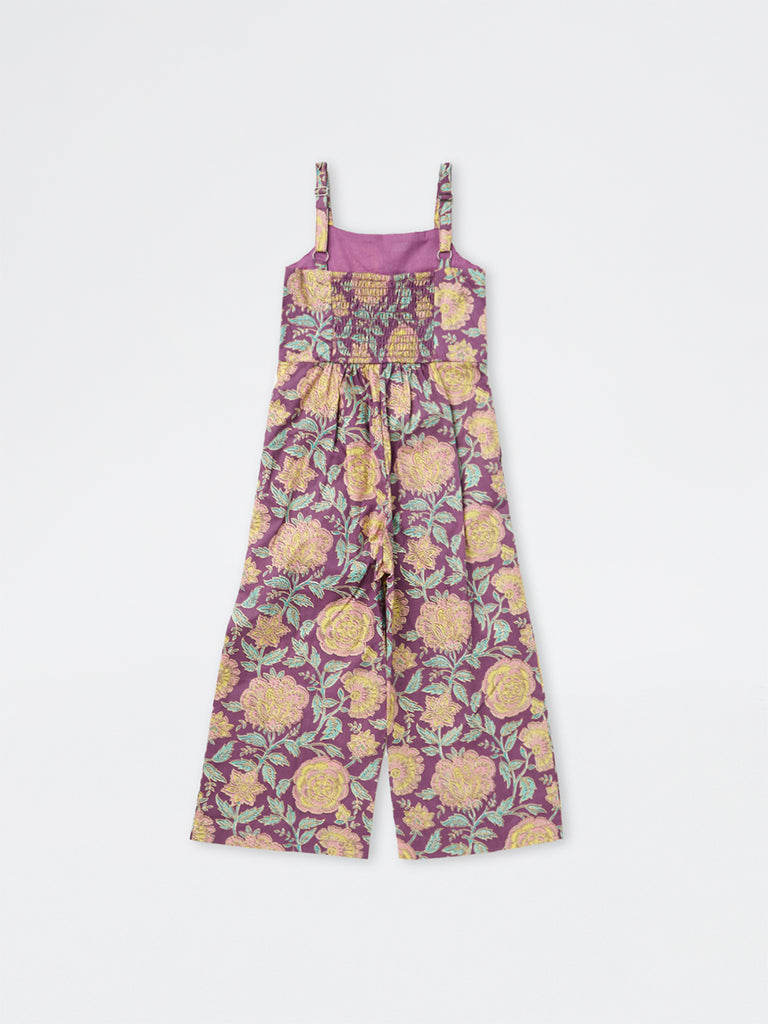 Utsa Kids Girls Purple Floral Printed Cotton Jumpsuit - (2-8 yrs)
