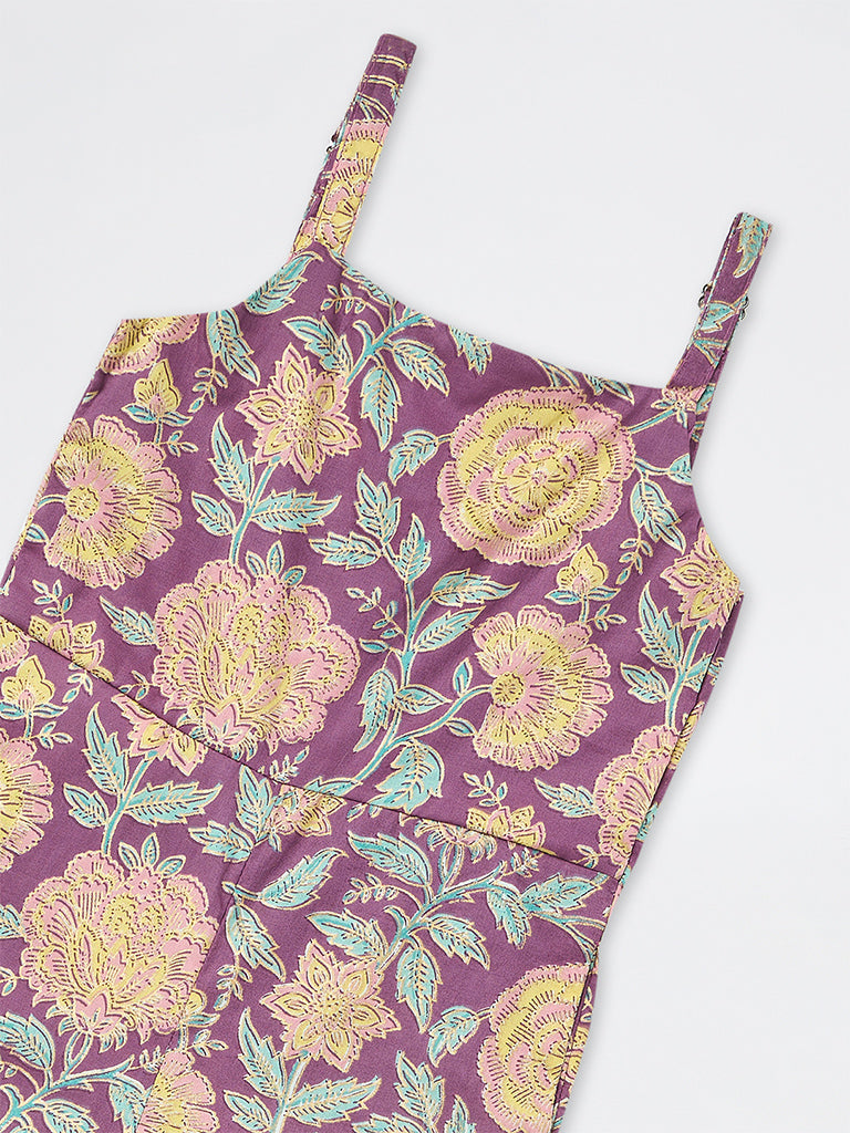 Utsa Kids Girls Purple Floral Printed Cotton Jumpsuit - (2-8 yrs)