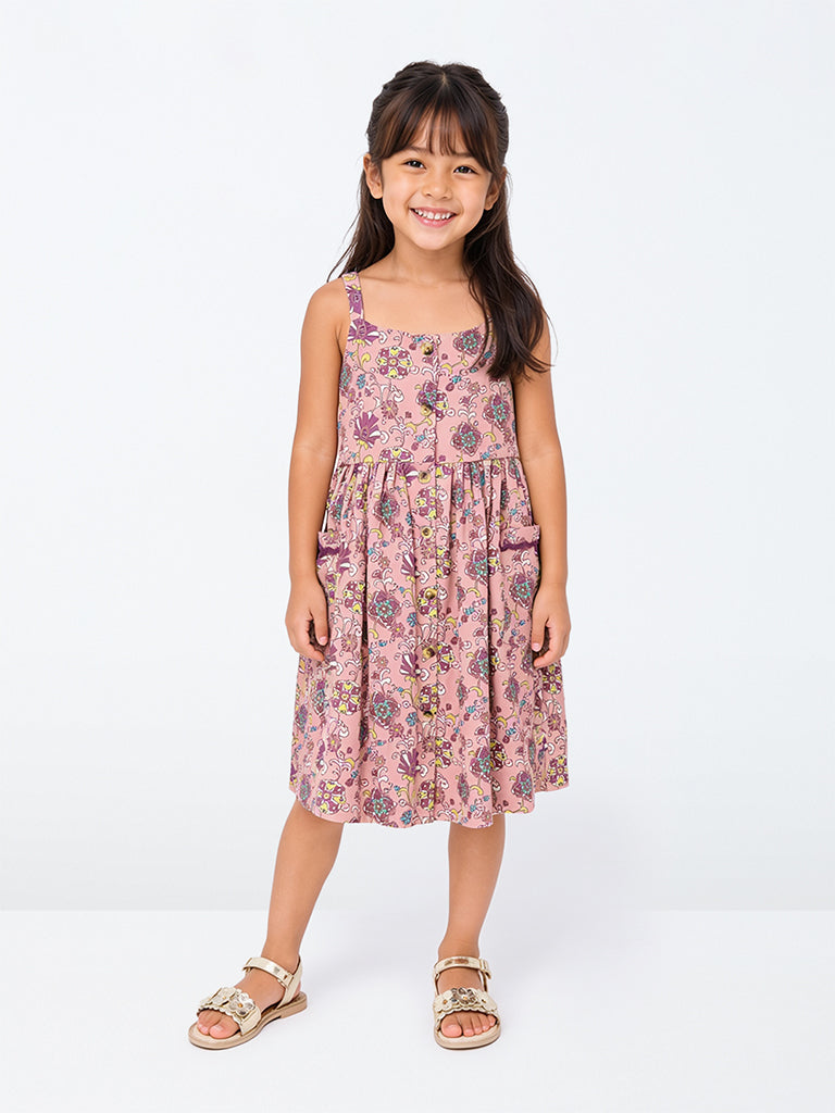 Utsa Kids Girls Pink Foliage Pattern Cotton A-Line Dress - (2-8 yrs)