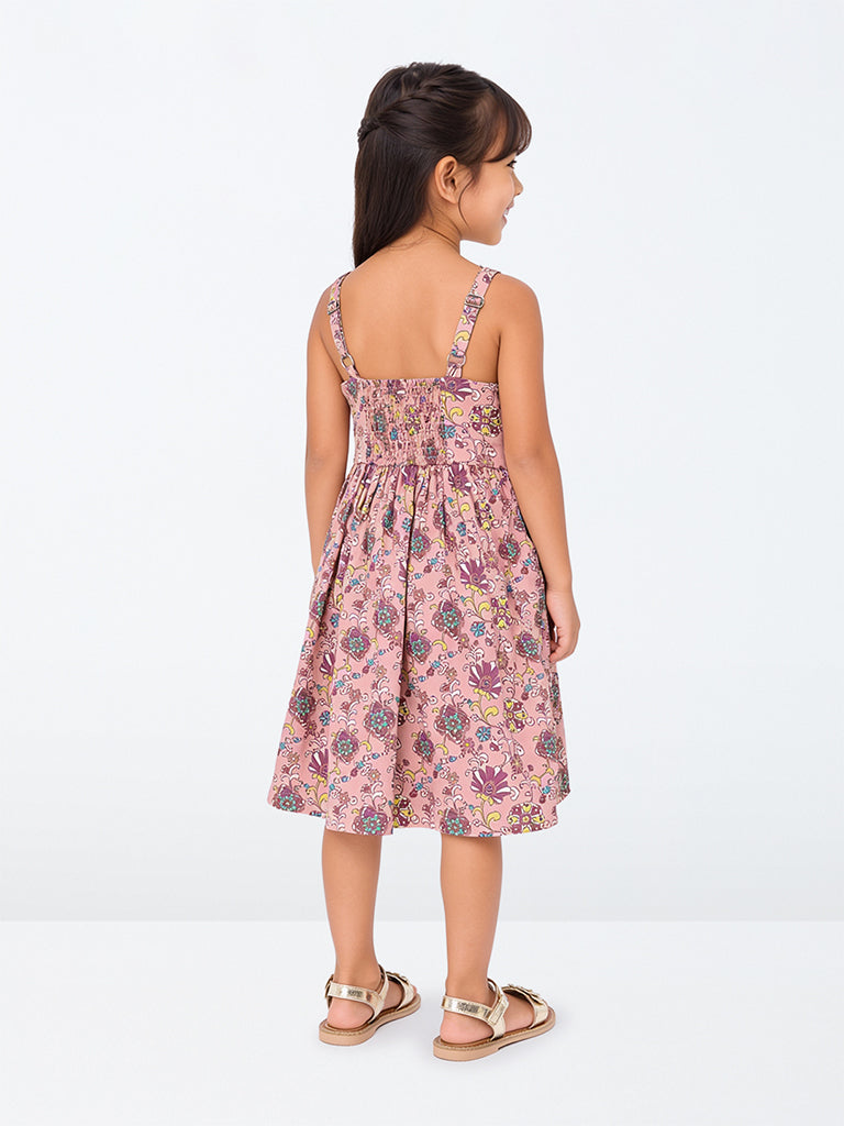 Utsa Kids Girls Pink Foliage Pattern Cotton A-Line Dress - (2-8 yrs)