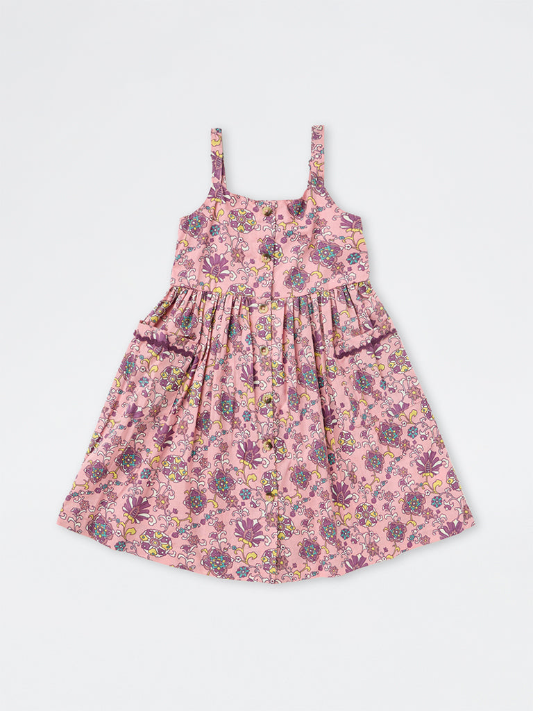 Utsa Kids Girls Pink Foliage Pattern Cotton A-Line Dress - (2-8 yrs)