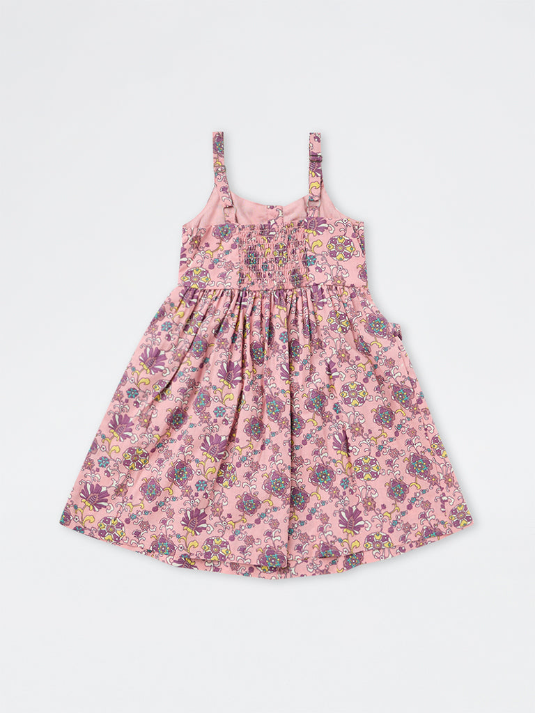 Utsa Kids Girls Pink Foliage Pattern Cotton A-Line Dress - (2-8 yrs)