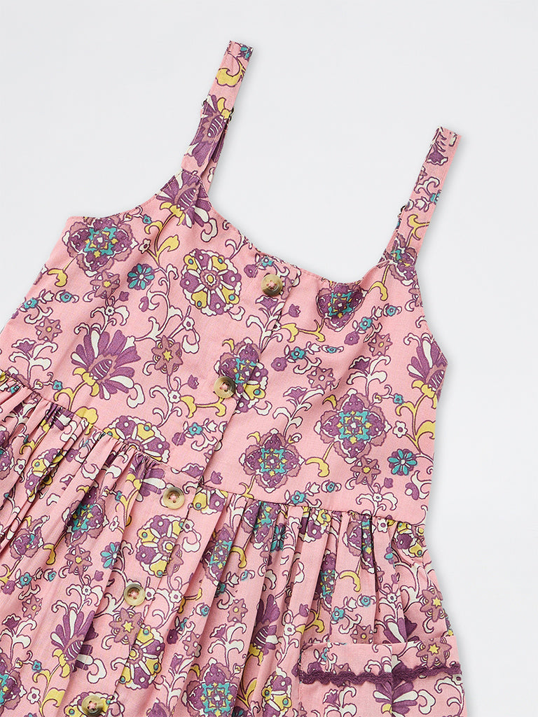 Utsa Kids Girls Pink Foliage Pattern Cotton A-Line Dress - (2-8 yrs)