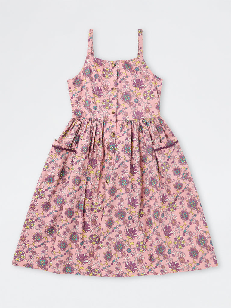 Utsa Kids Girls Pink Foliage Pattern Cotton A-Line Dress - (8-14 yrs)