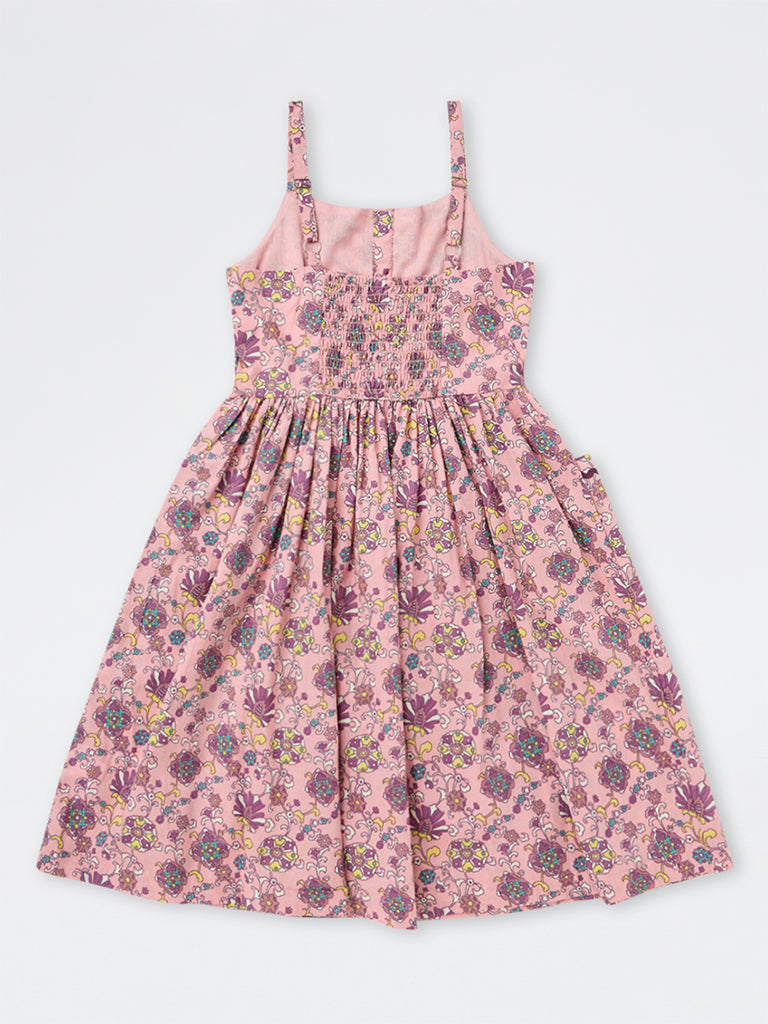 Utsa Kids Girls Pink Foliage Pattern Cotton A-Line Dress - (8-14 yrs)