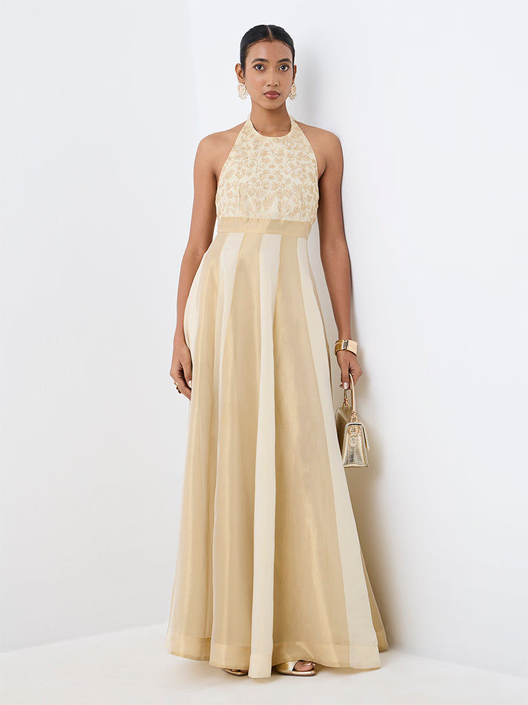 Vark Light Gold Floral Embroidered Fit-and-Flare Dress