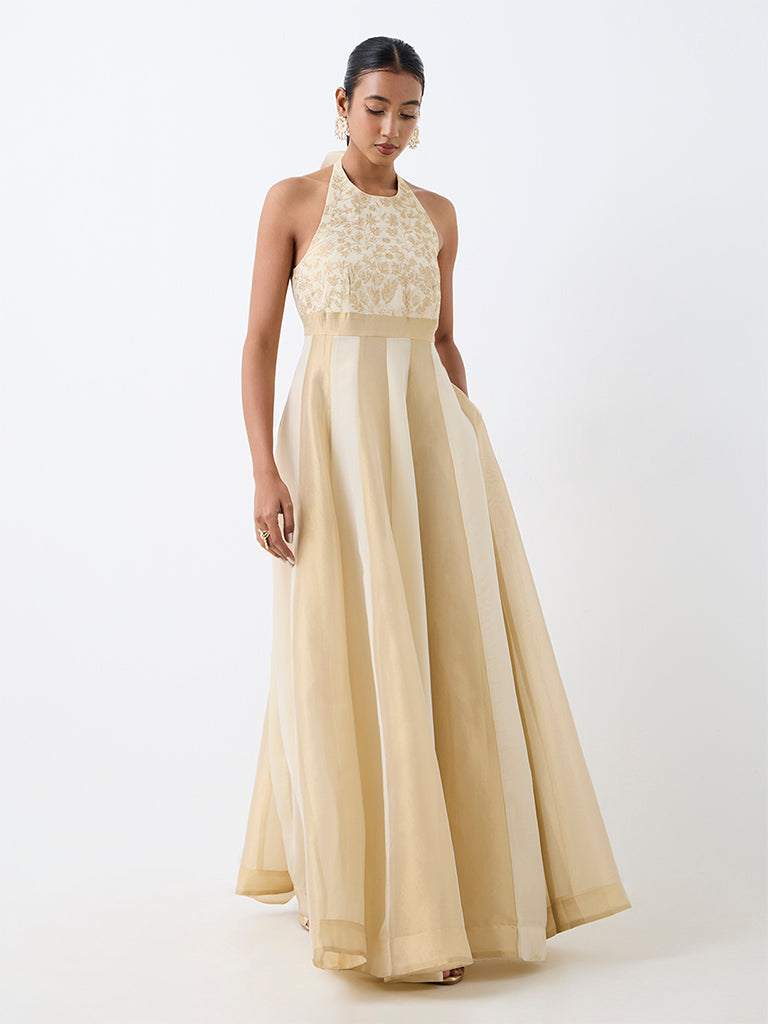 Vark Light Gold Floral Embroidered Fit-and-Flare Dress