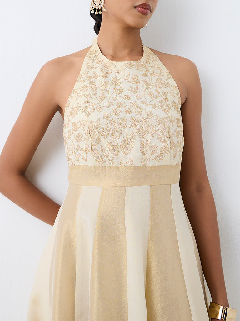 Vark Light Gold Floral Embroidered Fit-and-Flare Dress