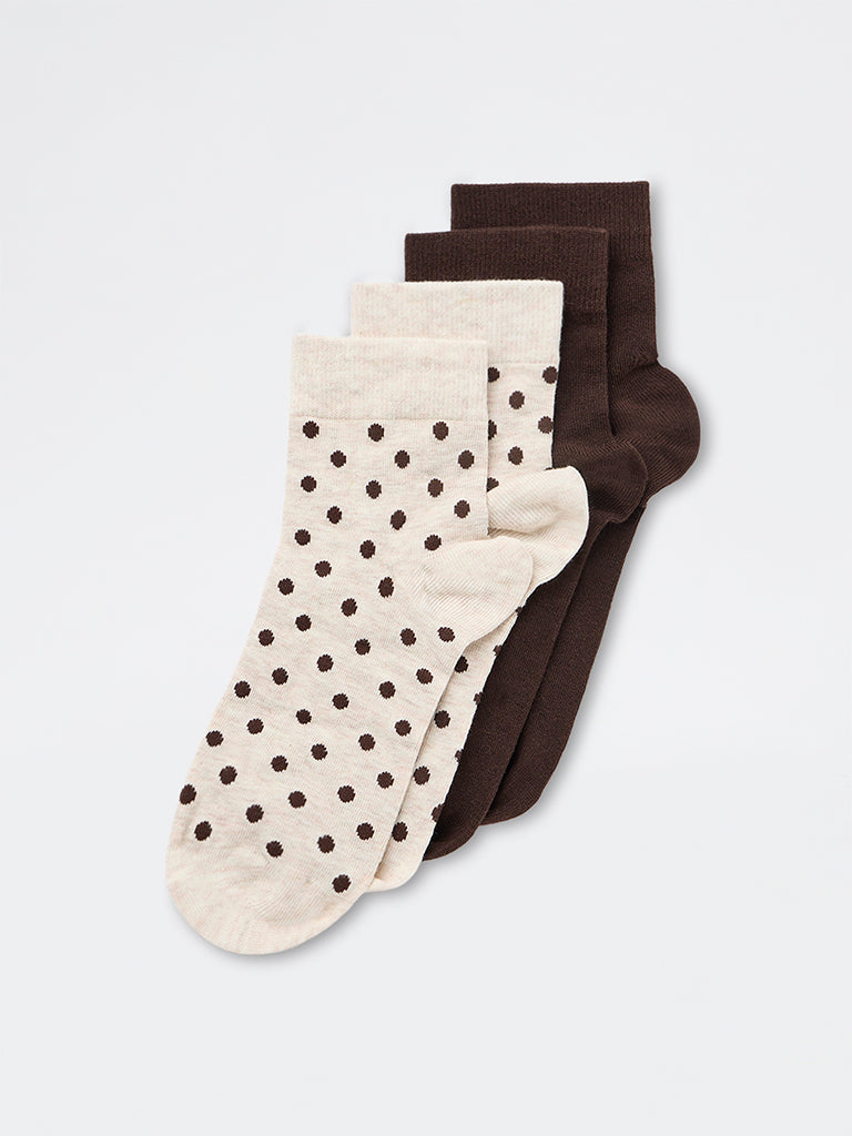 Wunderlove Dark Brown Polka Dotted Cotton-Blend Ankle Socks - Pack of 2