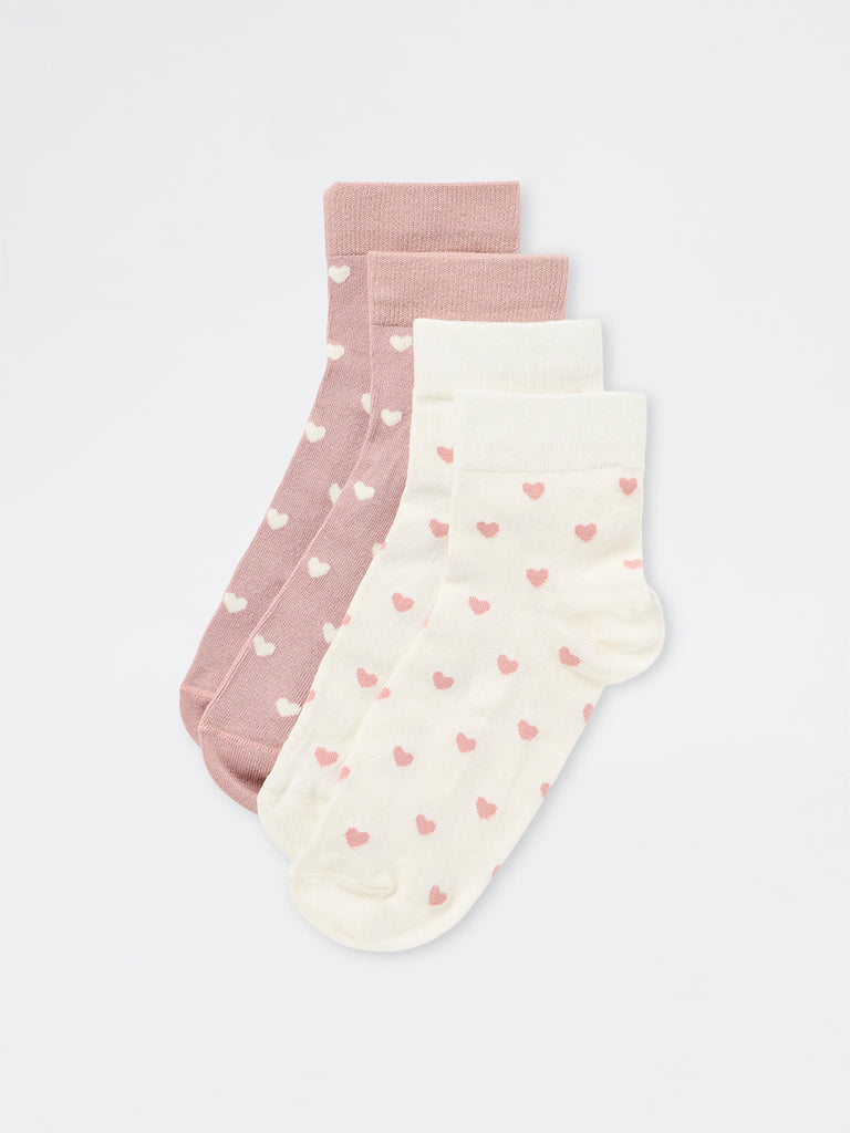 Wunderlove Dusty Pink Heart Pattern Cotton-Blend Ankle Socks - Pack of 2